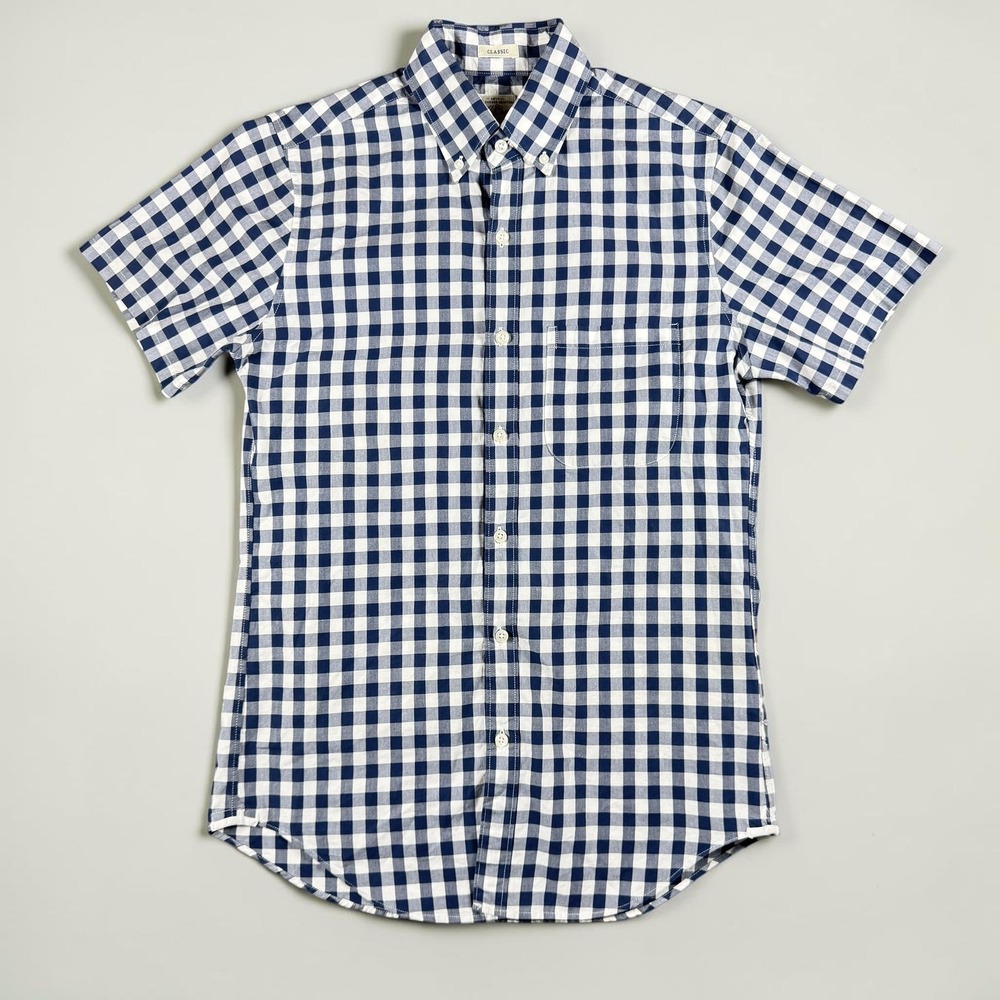 J.Crew Mens XS Classic Fit Gingham Short Sleeve Button Down Shirt Navy White